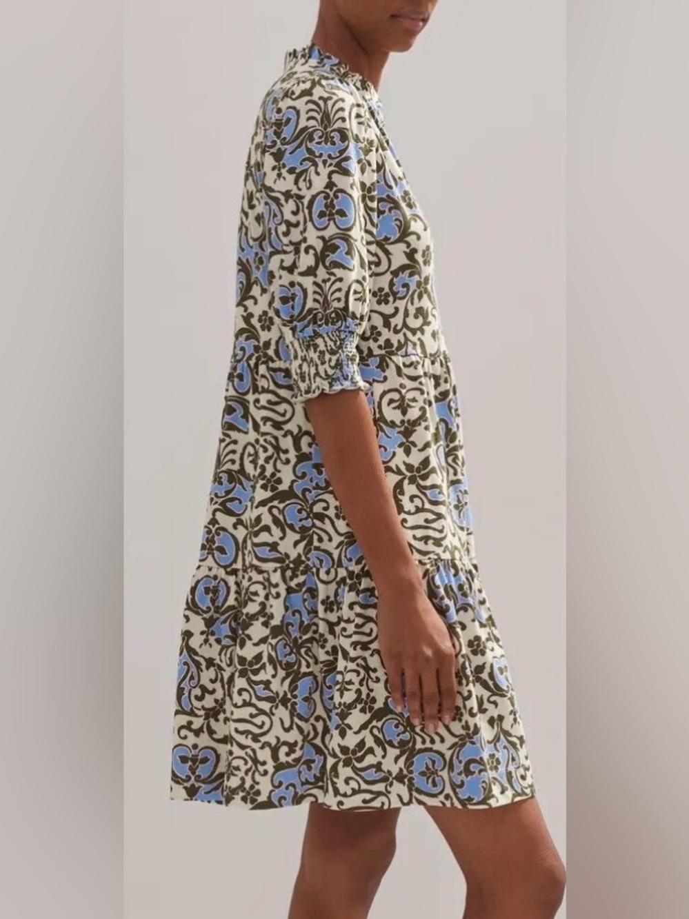 ME+EM Batik Floral Print Mini Slub Dress Cream & Blue Size 2 - Picture 3 of 11